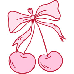 Two pink cherries tied with a pink bow on a transparent background a simple illustration representing sweetness and celebration