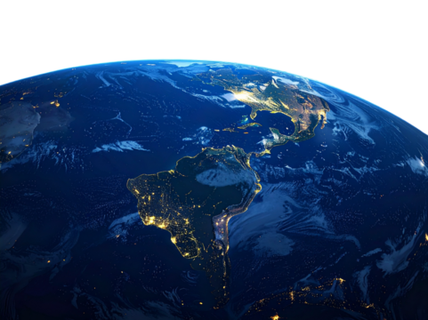 A high-resolution view of Earth from orbit at night, highlighting the North and South American continents with glowing city lights, deep blue oceans and faint cloud , isolated on a transparent b 