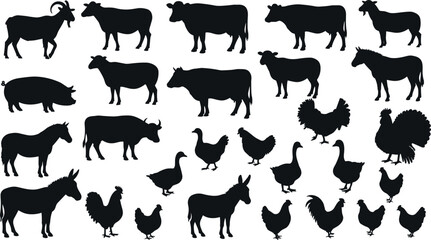Farm animal silhouettes collection, cow, pig, goat, sheep, horse, rooster, chicken, duck, turkey, goose, livestock vector illustration design.