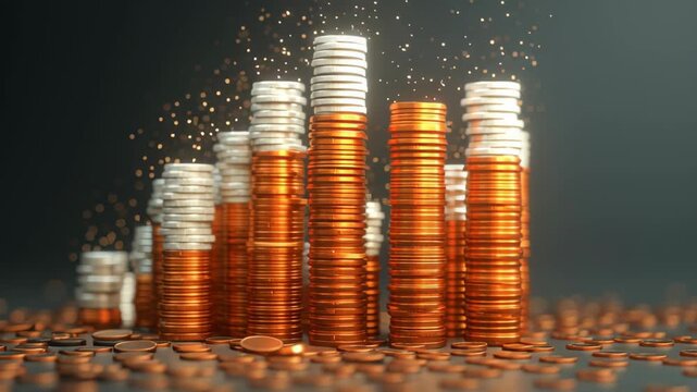 Indian currency and stocks, pile of rupee coins transforming into rising stock bars, symbolizing India&rsquo;s economic growth, artistic 3D render, tricolor-inspired glow
