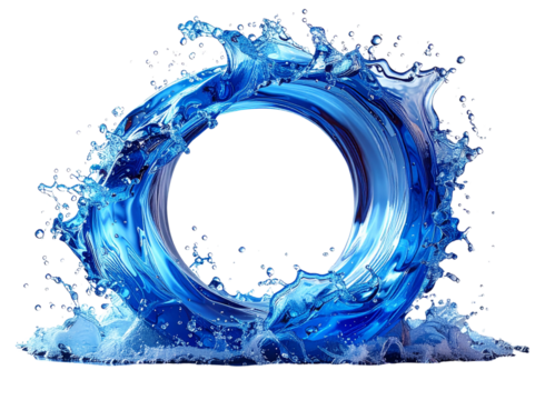 A realistic circular splash of blue water shaped like a ring, frozen mid-motion with clear droplets and microbubbles, transparent flowing edges and high-speed capture transparent PNG, Generative 