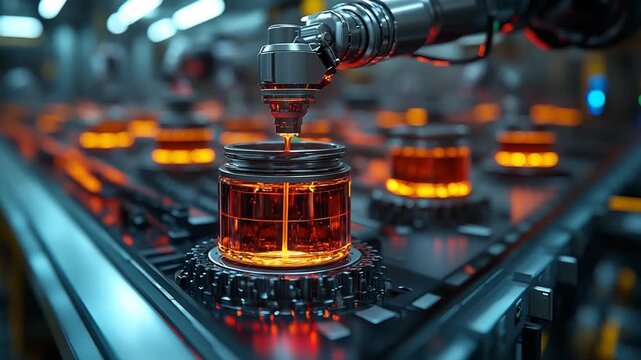 Robotic Arm Filling Jars with Orange Liquid in Factory