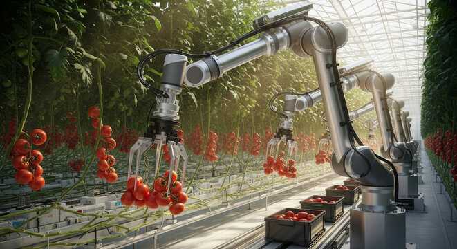 Intelligent robotic arms harvesting tomatoes in modern greenhouse - Powered by Adobe