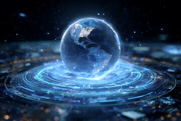 Global technology network connecting continents with a futuristic digital interface for global communication and data transfer innovations