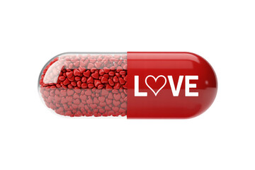 Vibrant red capsule filled with tiny hearts, symbolizing love
