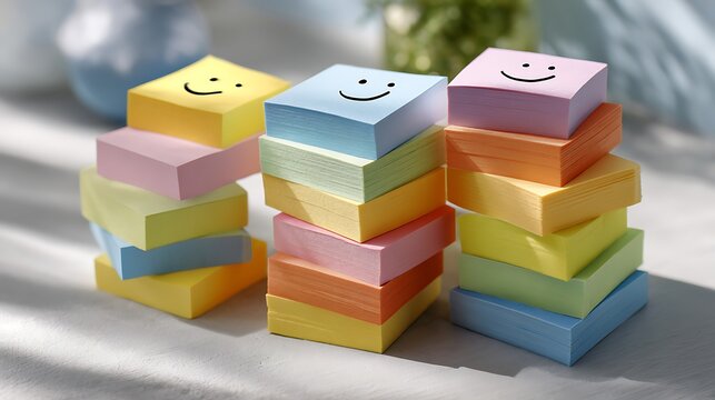 Stacks of Colorful Sticky Notes with Smiley Faces for Office Organization