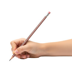 Hand holding pencil writing or drawing against a dark studio setting . Isolated on transparent background, png
