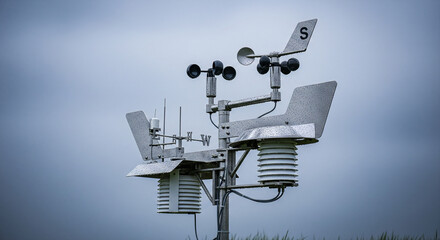 Weather station with anemometer, wind vane, and other meteorological instruments against a cloudy sky, used for measuring atmospheric conditions.