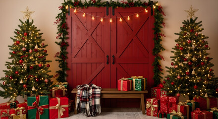 Christmas trees decorating rustic barn doors with gifts