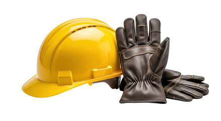 A yellow hard hat and black work gloves isolated on transparent background