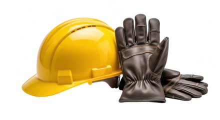 A yellow hard hat and black work gloves isolated on transparent background