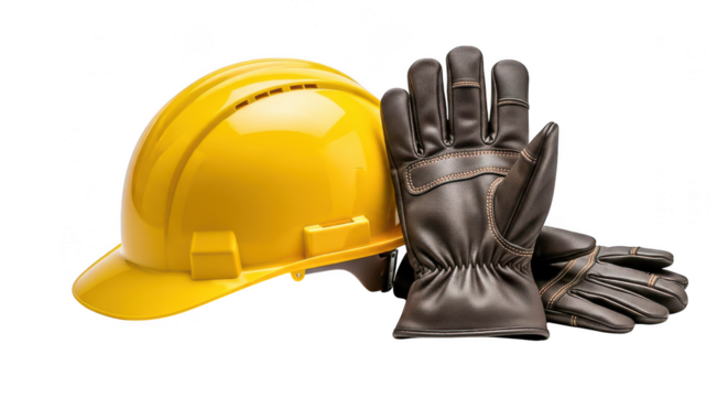 A yellow hard hat and black work gloves isolated on transparent background