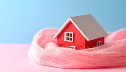 Cozy miniature house resting comfortably wrapped in soft pink, creating a warm vibe.