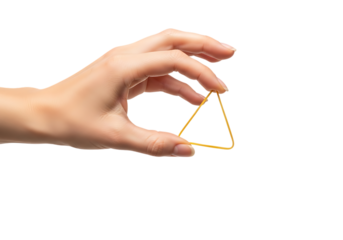 Hand holding a geometric triangular prism refracting light against darkness . Isolated on transparent background, png