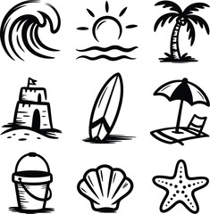 Beach icons silhouette Bundle wave palm tree