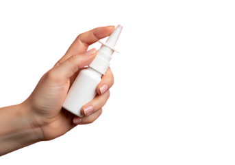 Hand holding a nasal spray bottle for allergy relief and cold treatment . Isolated on transparent background, png
