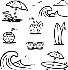 Beach vacation icons summer tropical