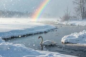 A lone white swan swims in a frozen river with a rainbow overhead isolated on white background