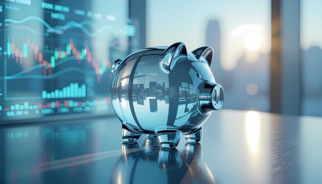 Conceptual image of financial planning showing a shiny glass piggy bank against a digital stock market graph - Powered by Adobe