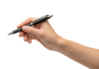 Hand holding a pen writing or signing documents with detailed skin texture . Isolated on transparent background, png