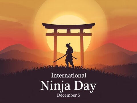 Silhouette of a lone ninja standing beneath a traditional japanese torii gate at sunset