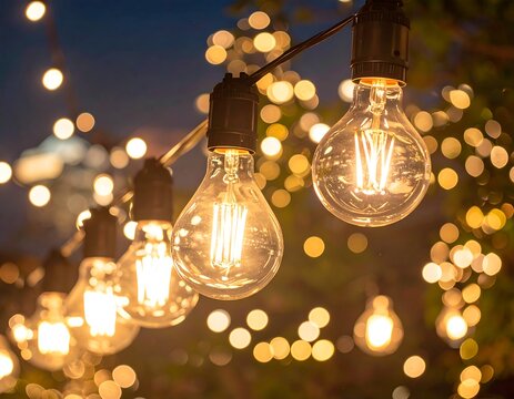 Glowing string lights illuminating an evening scene