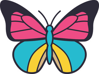 Pink blue yellow butterfly illustration with dark outline
