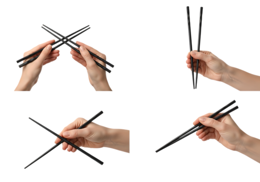 Hands holding and manipulating chopsticks in various dynamic positions . Isolated on transparent background, png