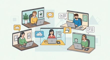 Fototapeta premium Remote team collaboration using laptops in a virtual meeting for online business communication and.