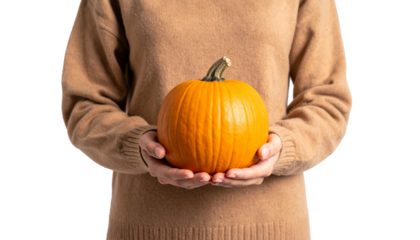 Close up of a Woman Wearing Brown Sweater and Holding Pumpkin with Both Hands Isolated on Transparent Background