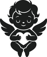 Black silhouette of a winged cherub holding a heart