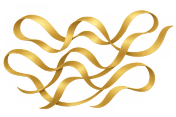 Golden ribbons flowing and swirling on a transparent background, luxury celebration decoration element