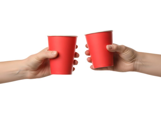 Hands holding red cups toasting celebration cheers party festive drink . Isolated on transparent background, png