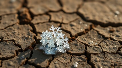 geophysics. Macro view of a single, delicate snowflake melting on dry, cracked earth, symbolizing climate fragility. ESG reports.