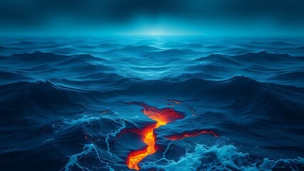 subsurface. Deep blue ocean waves with glowing cracks beneath the surface, hinting at volcanic activity. ESG reports, sustainability campaigns, designed for environmental awareness campaigns.
