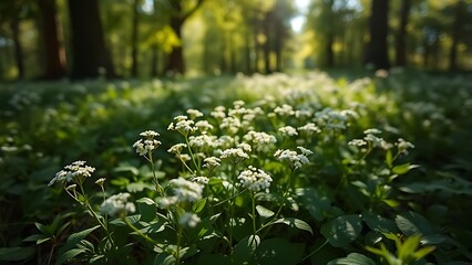 woodruff. Woodruff plants with clusters of small white flowers growing in forest shade. gardening catalogs, home-decor guides, designed for home decor and floral branding.