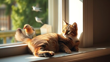 garroting. A cat lounging on a sunny windowsill, ignoring birds outside the window. wildlife magazines, conservation campaigns, designed for eco-tourism storytelling, used by PR specialists.