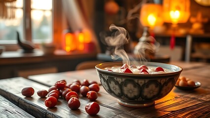 laba. Steaming bowl of Laba porridge with dates and nuts on wooden table. menu design, packaging mockups, designed for culinary blogs and recipe cards for restaurants, supports restaurant marketing.
