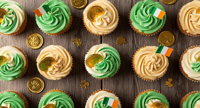 Green and white cupcakes with irish flags for st patrick s day