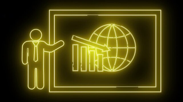 Neon presentation person points to world globe declining chart on screen