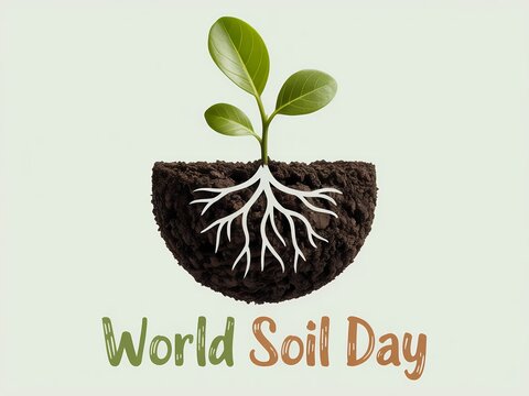 A young plant with visible roots emerges from a rich soil clump celebrating world soil day - Powered by Adobe