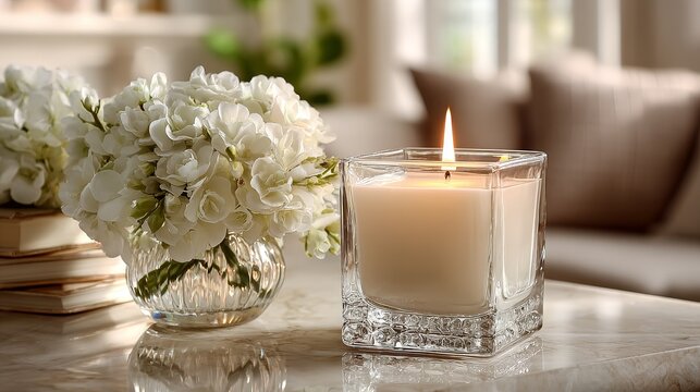 Transparent glass candle on beige marble table with fresh white vanilla bouquet, crystal dew on flowers, soft lighting, bright minimalist living room interior, high-resolution details