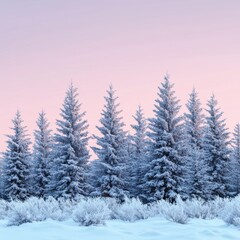 Naklejka premium Winter Wonderland Snow Covered Evergreen Trees and Bushes Under Pastel Pink Sky