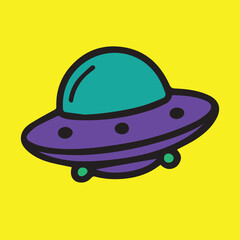 Cute colorful vector of a UFO flying playfully in space, perfect as a sticker, featuring glowing lights, whimsical clouds, and a joyful extraterrestrial theme full of energy and fun.