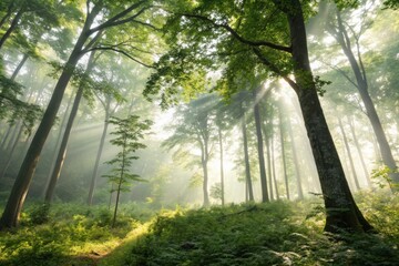 Sunlight streams through a lush green forest isolated on white background