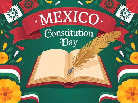 Celebrating mexico constitution day with an open book and quill pen adorned with flags and flowers