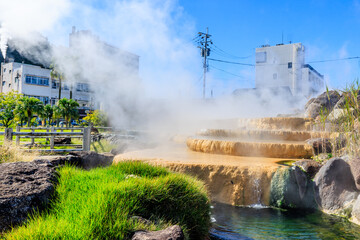 初秋の小浜温泉湯棚　長崎県雲仙市　Obama Onsen Yudana in early autumn. Nagasaki Pref, Unzen City.
