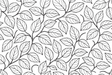 Black and white vector pattern background of leaves, featuring elegant outlines and natural shapes that create a minimalist botanical design with a calm and timeless aesthetic.