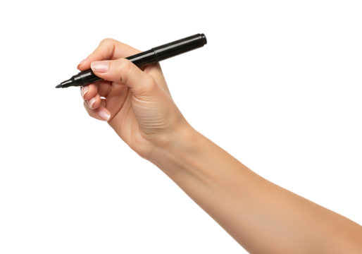 Hand holding pen writing creating something new . Isolated on transparent background, png