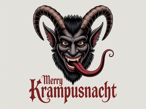 Fearsome krampus face with tongue out and merry krampusnacht text